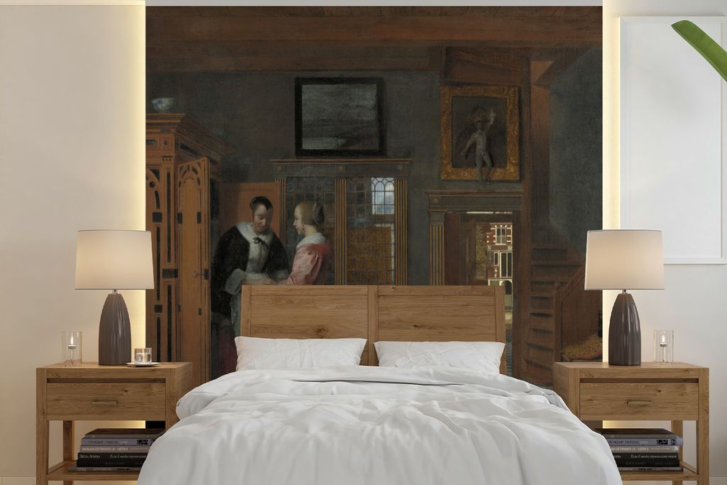 MuchoWow Fototapete für Wohnzimmer oder Schlafzimmer Wandtapete Vinyl Motivtapete Interieur mit Frauen neben einem Wäscheschrank - Pieter de Ho...