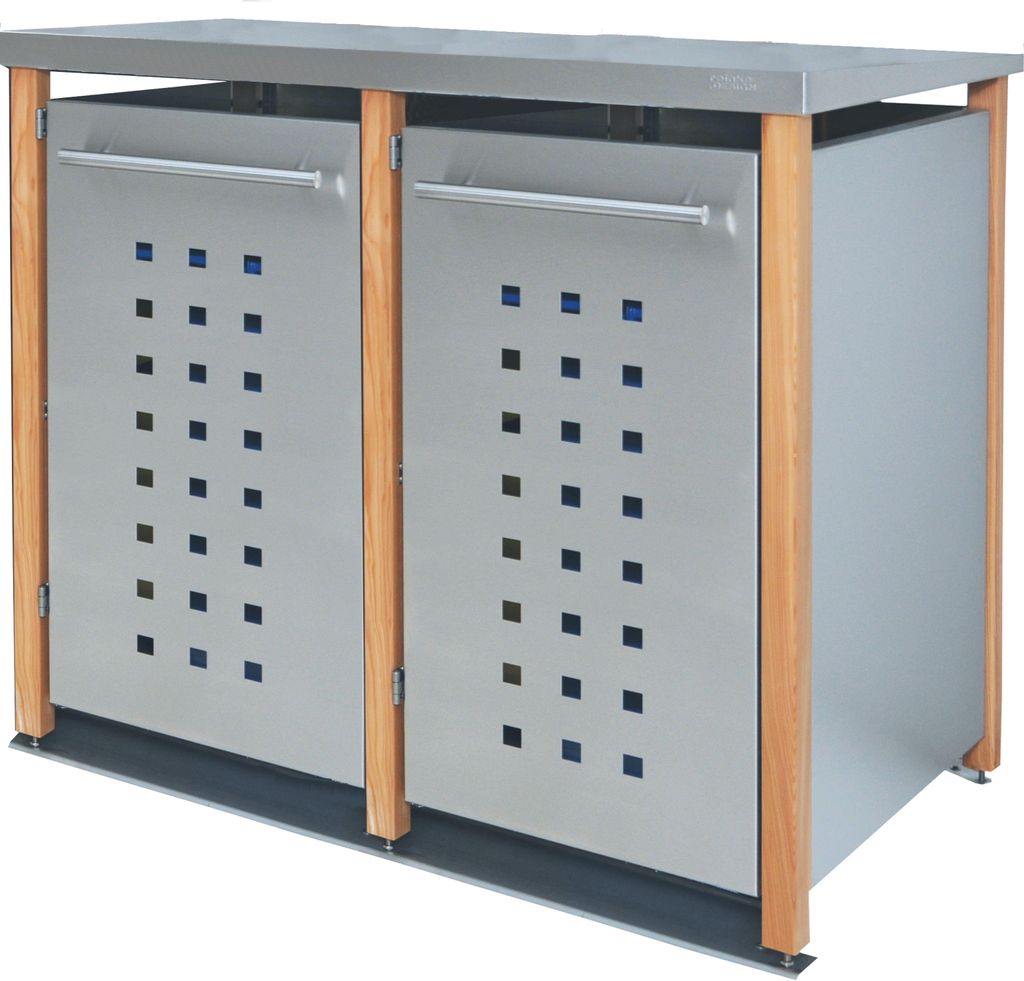 reinkeDESIGN | Müllbox 2x120L | Typ_L | Flachdach, Lärchenpfosten, Fronten in Edelstahl | für Reihenhaus, sehr hochwertig