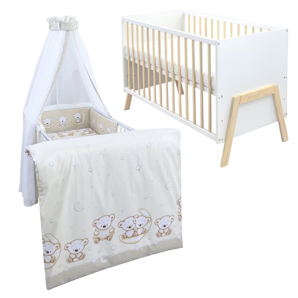Babybett Kinderbett Gitterbett Juna 60x120 Weiß Schutzgitter Matratze Bettwäsche Set 10tlg Teddy Mond Beige