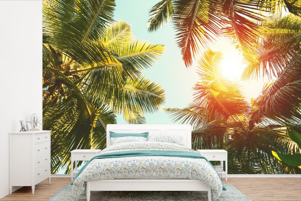 MuchoWow Fototapete für Wohnzimmer oder Schlafzimmer Wandtapete Vinyl Motivtapete Palme - Sonne - Sommer - 600x400 cm - Vinyltapeten