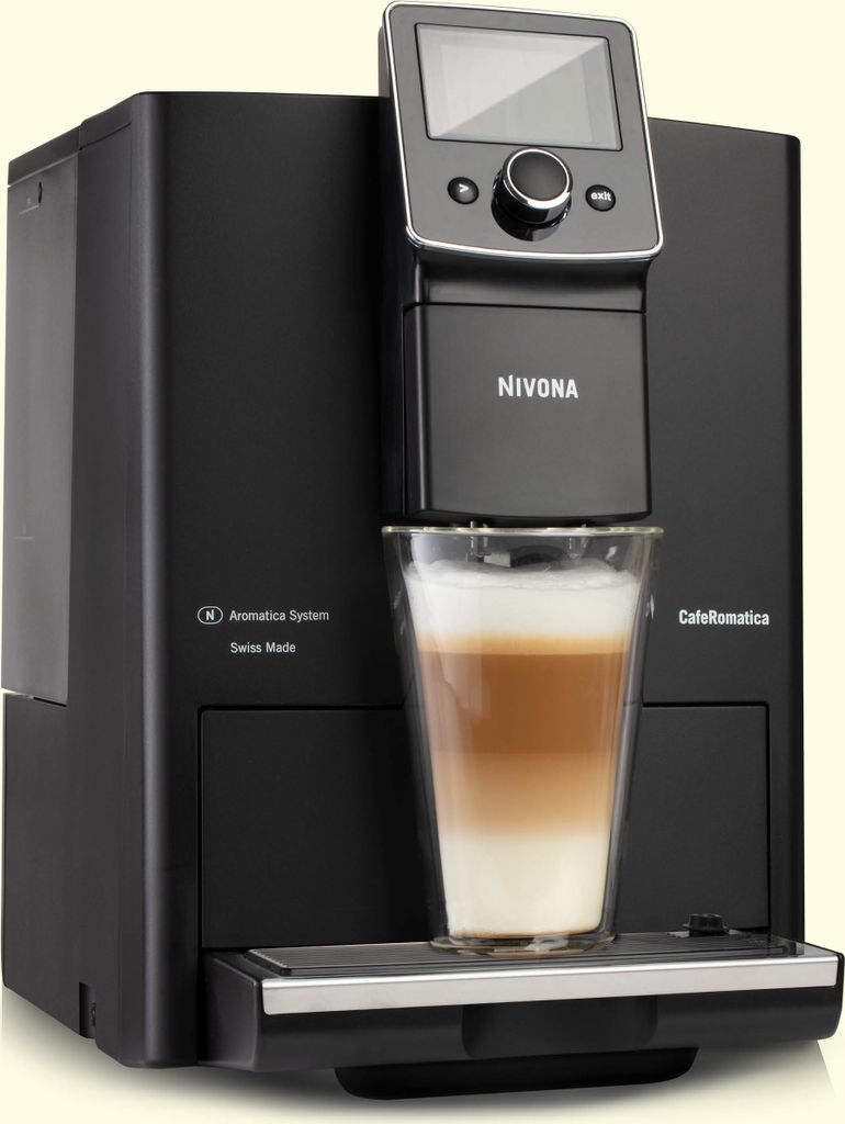 A black Nivona espresso machine with a latte in a glass in front of it.