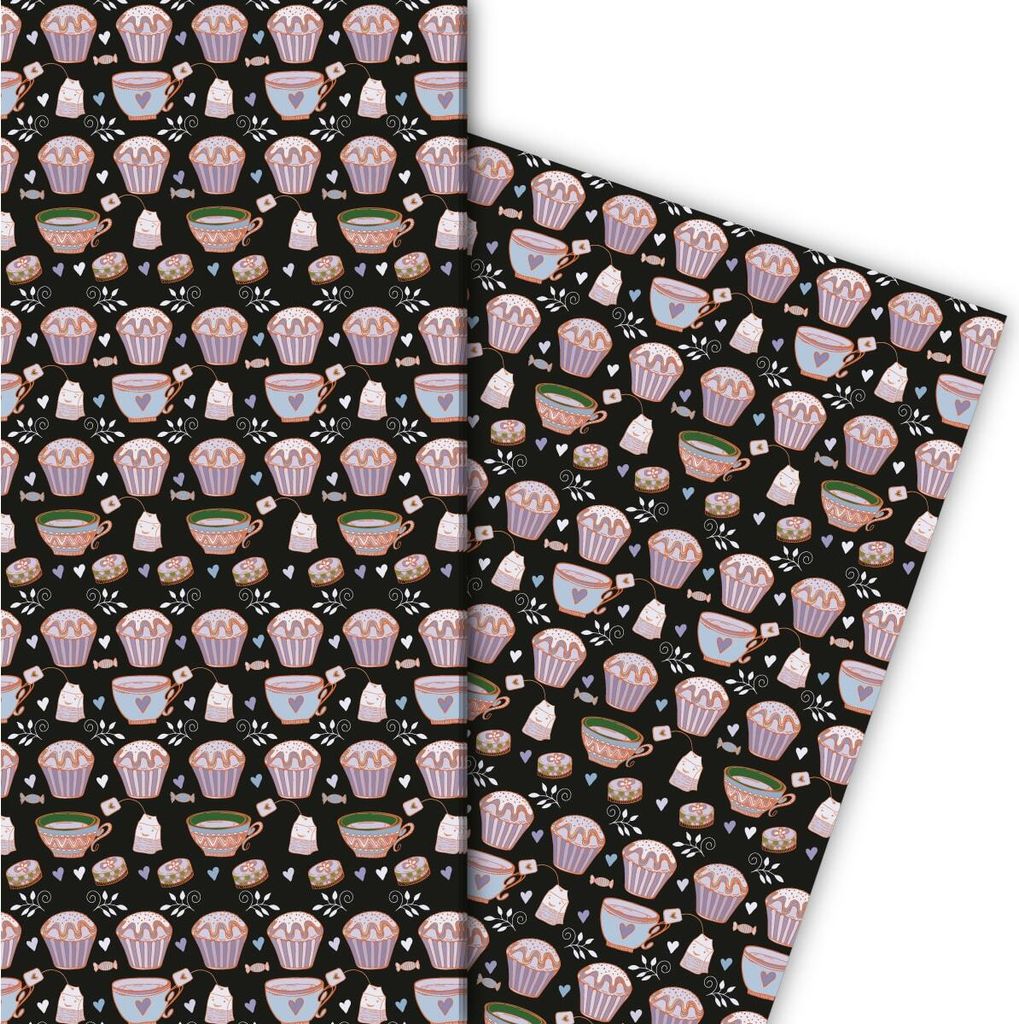 Muffin Geschenkpapier mit Tee Tassen auf schwarz - G7607, 32 x 48cm