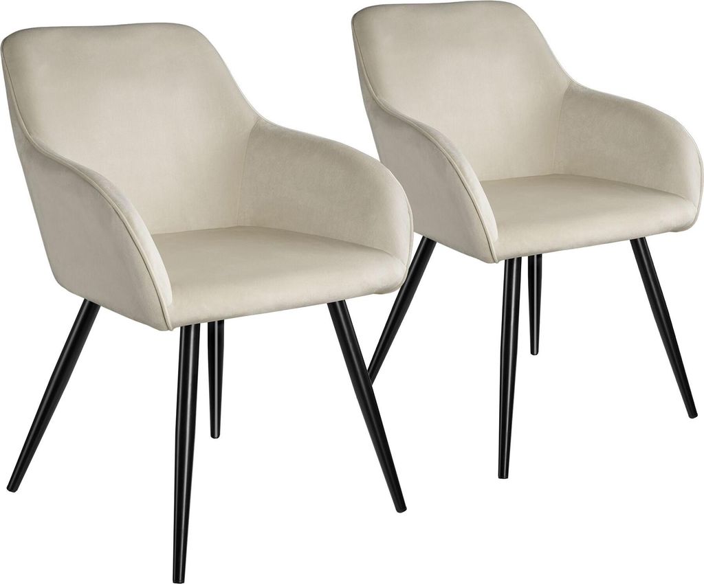 Two cream-colored chairs with black legs are shown against a white background.