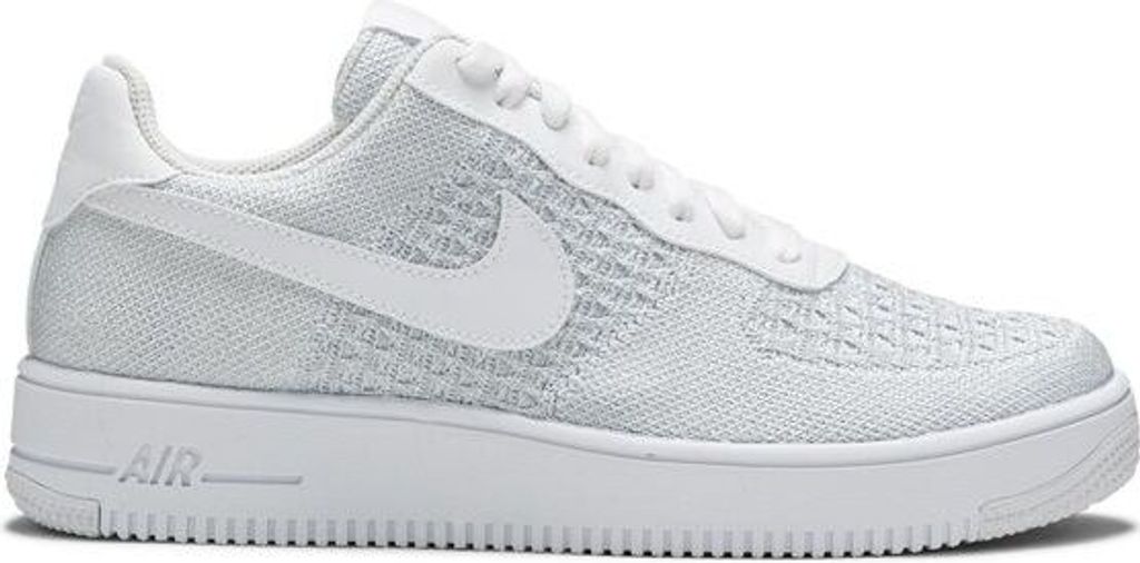 A side profile of a white Nike Air Force 1 Flyknit 2 sneaker against a white background.