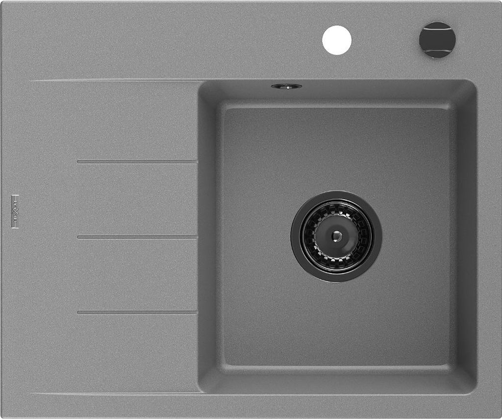 Mexen Ben Granitspüle 1-Becken mit Abtropffläche rechts 600 x 500 mm, grau, schwarzer Siphon - 6523605000-71-B