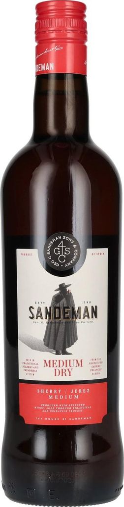 A bottle of Sandeman Sherry Medium Dry.