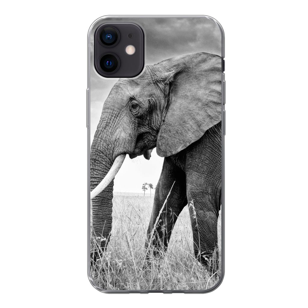 MuchoWow Handyhülle Schutzhülle Hülle für iPhone 12 mini Elefant - Gras - Tiere - Schwarz und weiß Silikon Softcase Handy Hülle - Bild