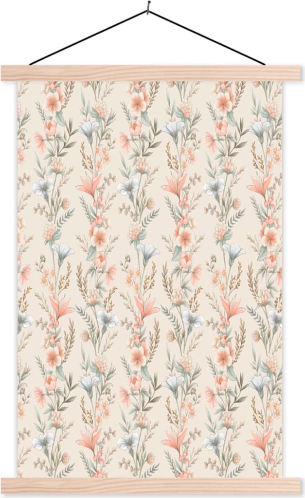 MuchoWow Textilposter Blumen - Vintage - Muster 40x60 cm mit holzfarbenen Rahmen - Poster
