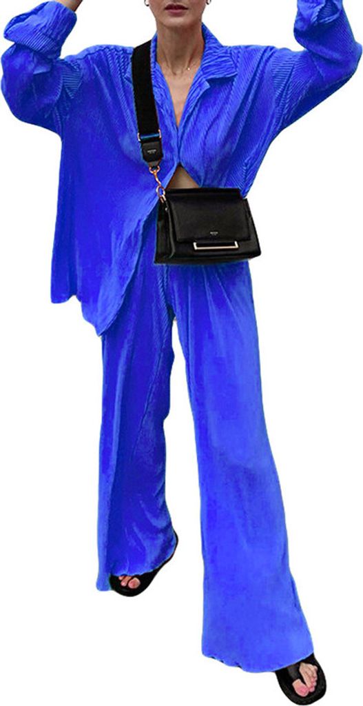 ASKSA Damen 2 Teiler Casual Outfits Sommer Plissee Set Zweiteiler Langarm Hohe Taille Loungewear, Blau, XL