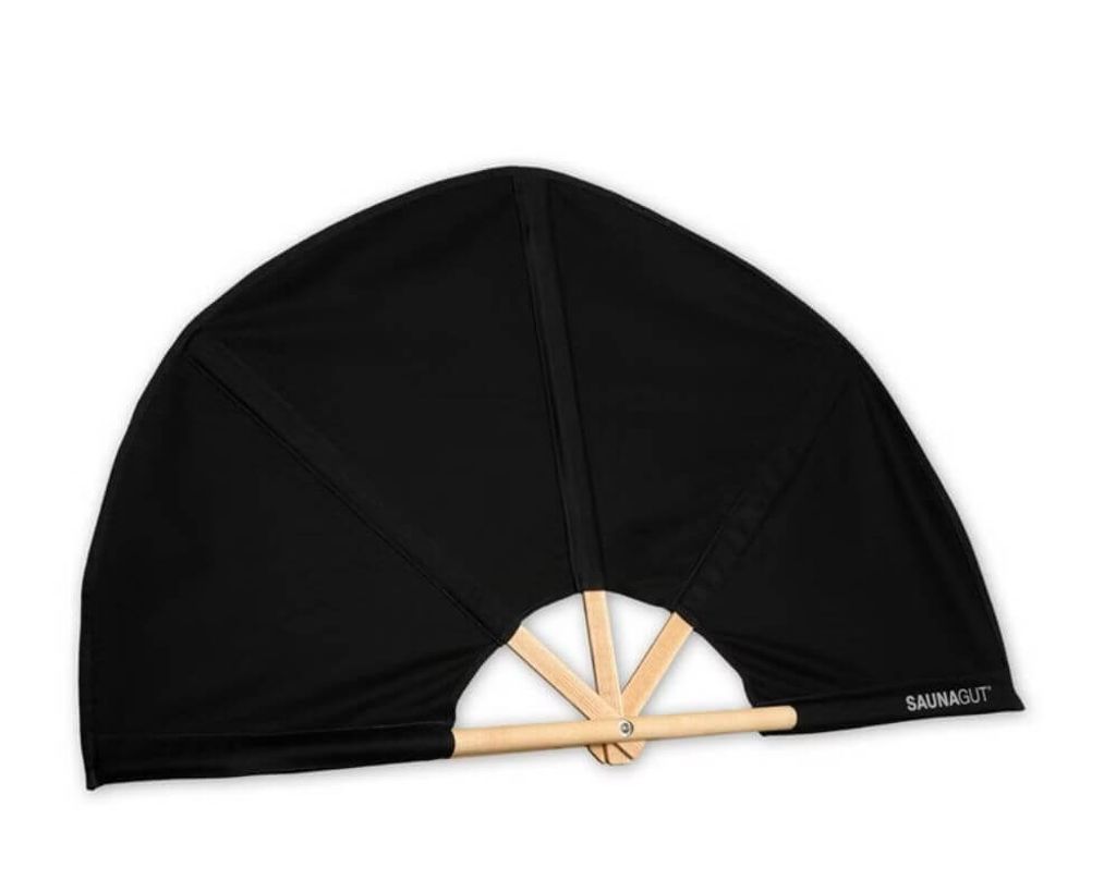 A black fan with wooden handles is displayed against a white background.