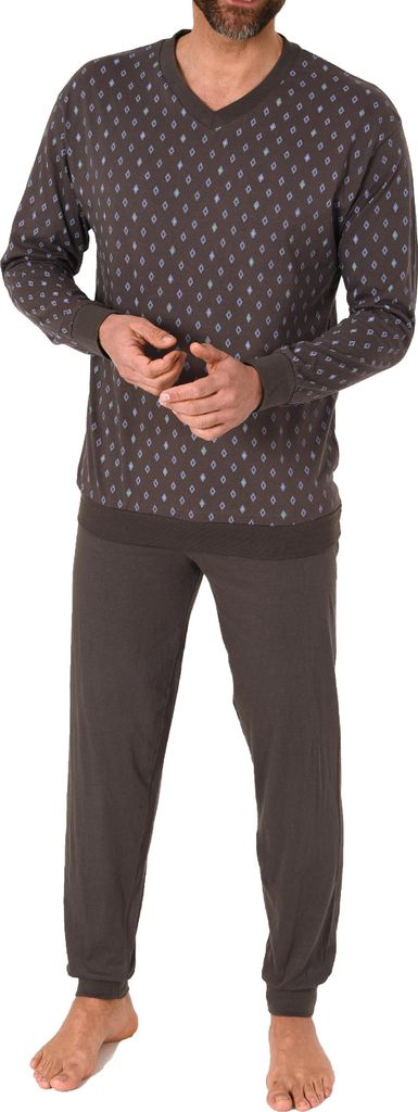 Herren Pyjama Schlafanzug langarm mit Bündchen – V-Hals – 181 101 90 001 ; dunkelgrau , 56