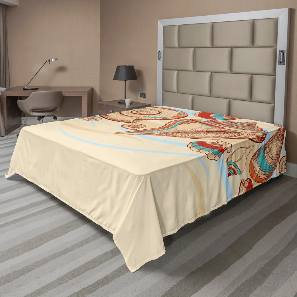 Drap plat pour grand lit ambiance plage 275x260 cm motifs marins crème