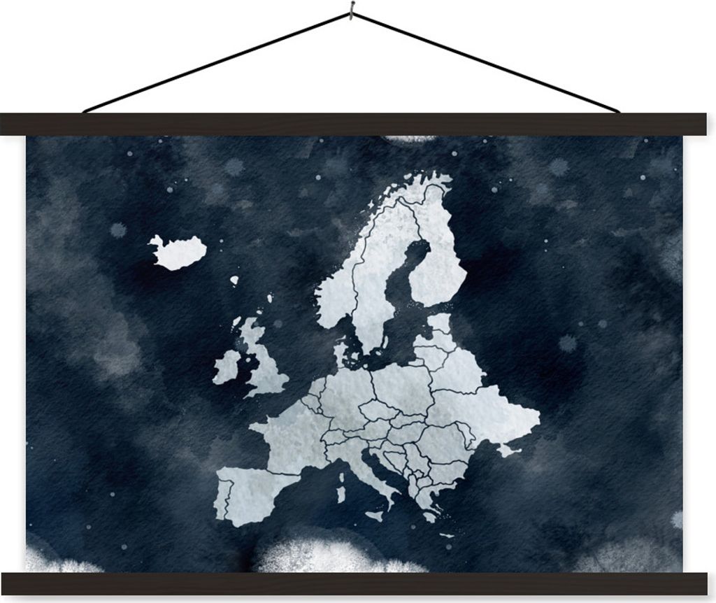 MuchoWow Textilposter Europa-Karte - Aquarellfarbe - Blau 60x40 cm mit schwarzem Rahmen - Hölzernes
