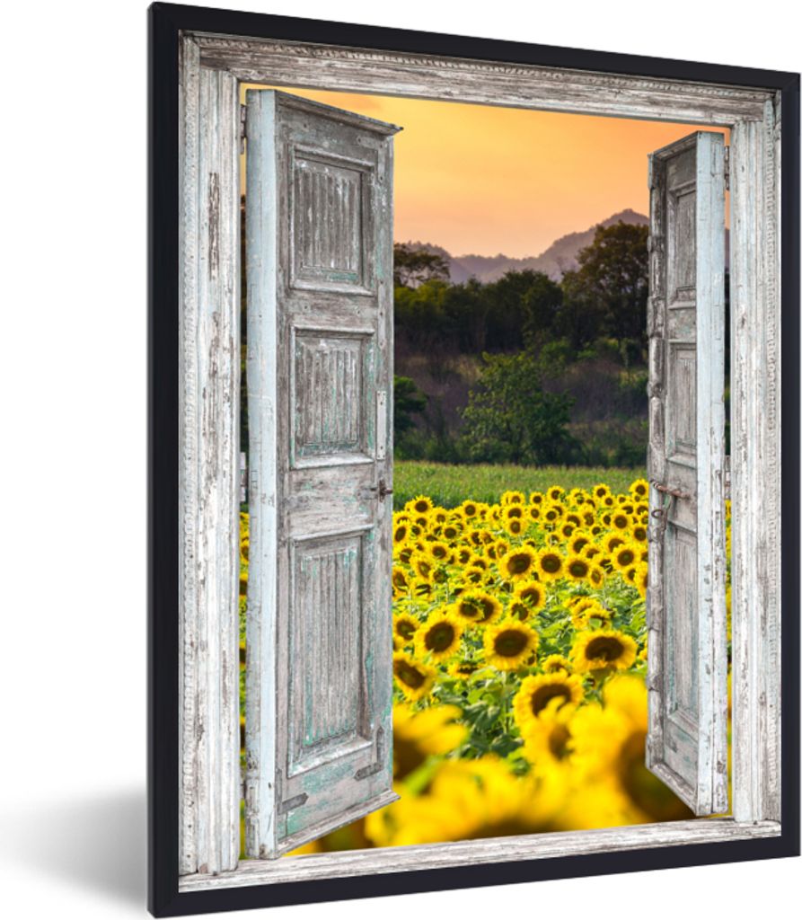 MuchoWow Gerahmtes Poster Sonnenblume - Abend - Blumen - Ansicht 60x80 cm - Poster mit Schwarzem Bilderrahmen Wandposter Rahmen Foto Bilder - Pre...