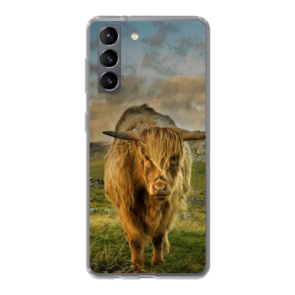 MuchoWow Handyhülle Schutzhülle Hülle für Samsung Galaxy S21 Schottischer Highlander - Gras - Berg Silikon Softcase Handy Hülle - Softcase
