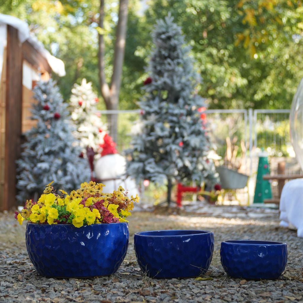 MODFU 3-teiliges Blumentopf mit verstärkter Wandstärke,handgemachtes Keramikkorpus mit Antik-Blau und Ablaufloch