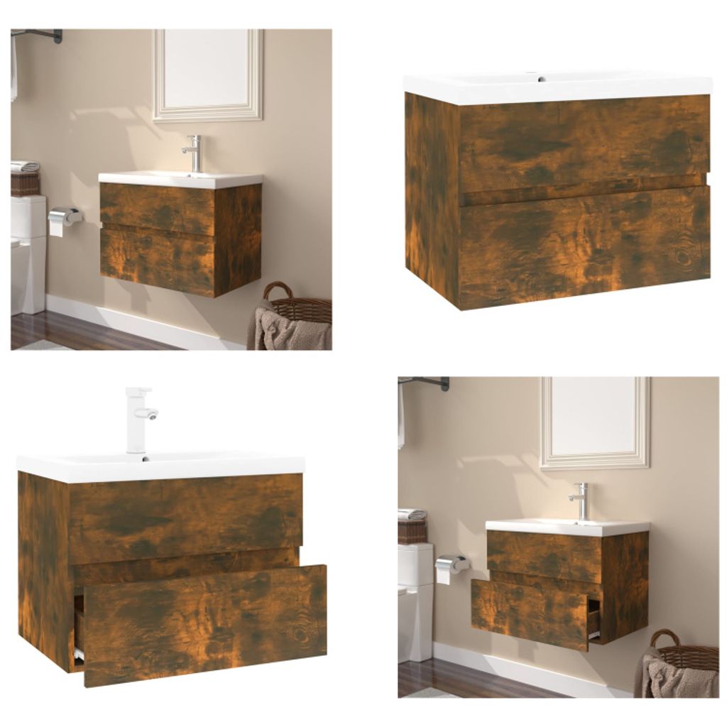 vidaXL Waschbeckenschrank mit Einbaubecken Räuchereiche Holzwerkstoff - Waschbeckenschrank Mit Becken - Waschbeckenschränke Mit Becken - Waschbec...