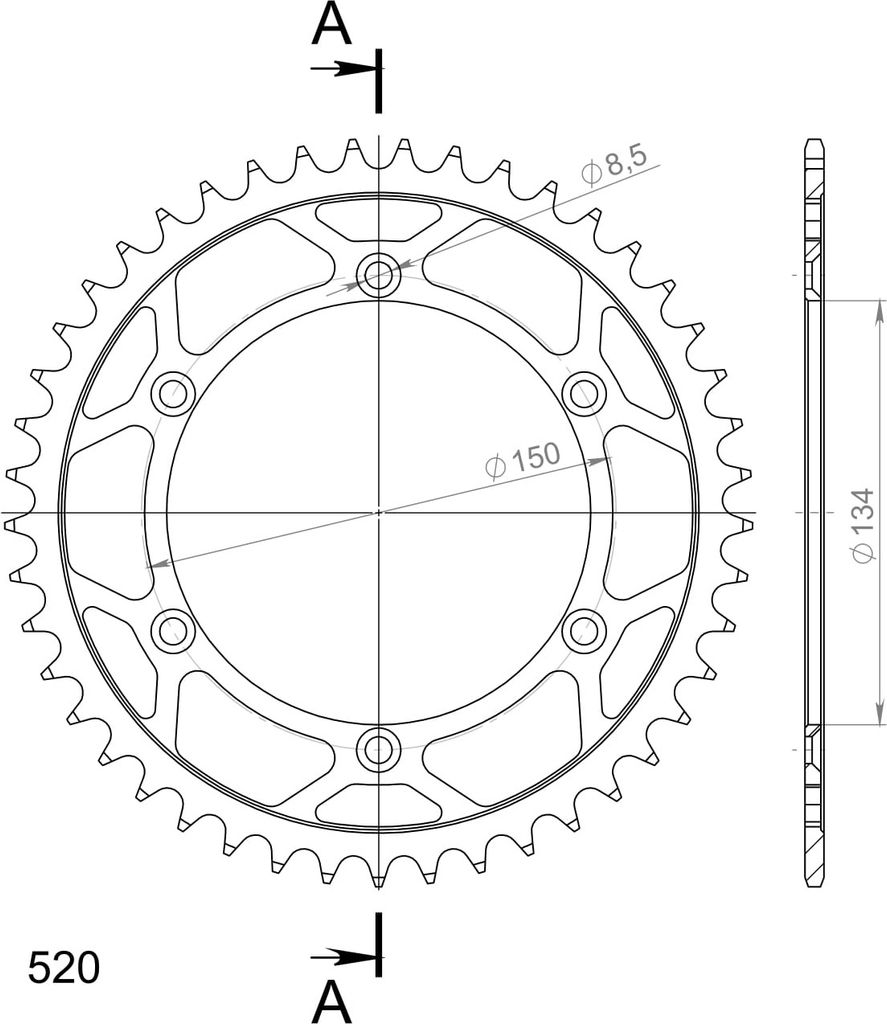 Stealth-Kettenrad Supersprox 520 - 45Z (gold) RST-460:45-GLD|ID 134,0 LK 150,0 6-Loch/6-Loch