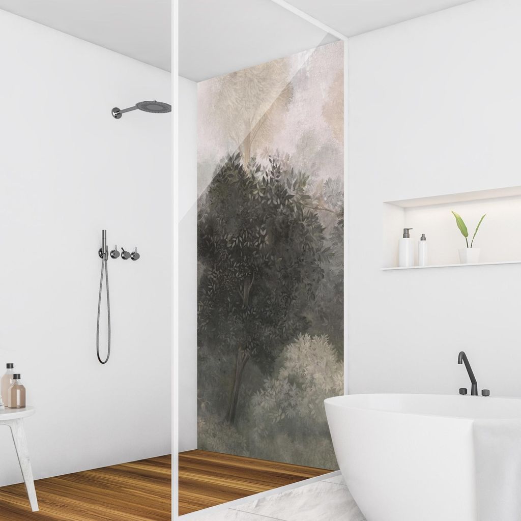 Duschrückwand Wald selbstklebend - 0.35 mm Wandpaneel wasserfest Dschungel grün Vintage Badrückwand fugenlos Smart matt 80x190 cm