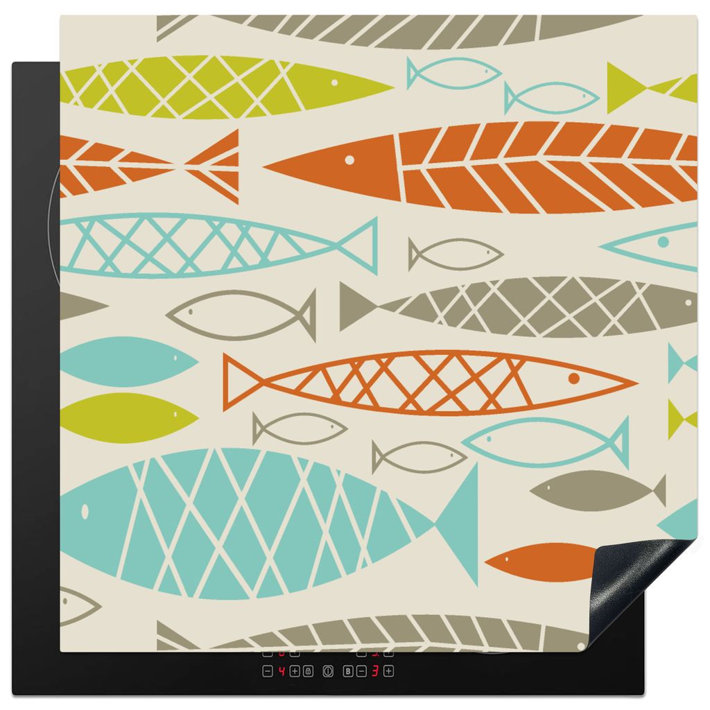 KitchenYeah Herdabdeckplatte Fisch - 50er Jahre - Muster , 78x78cm, Küche Deko, Glaskeramikkochfeld Herdabdeckung, Abdeckplatte fùr Kochfeld