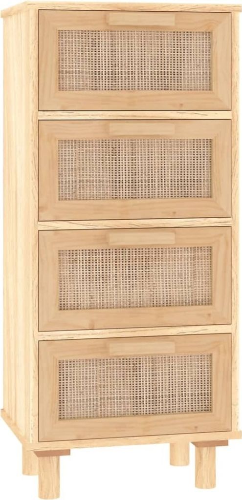Sideboard Braun 40x30x90 cm Massivholz Kiefer und Natur-Rattan