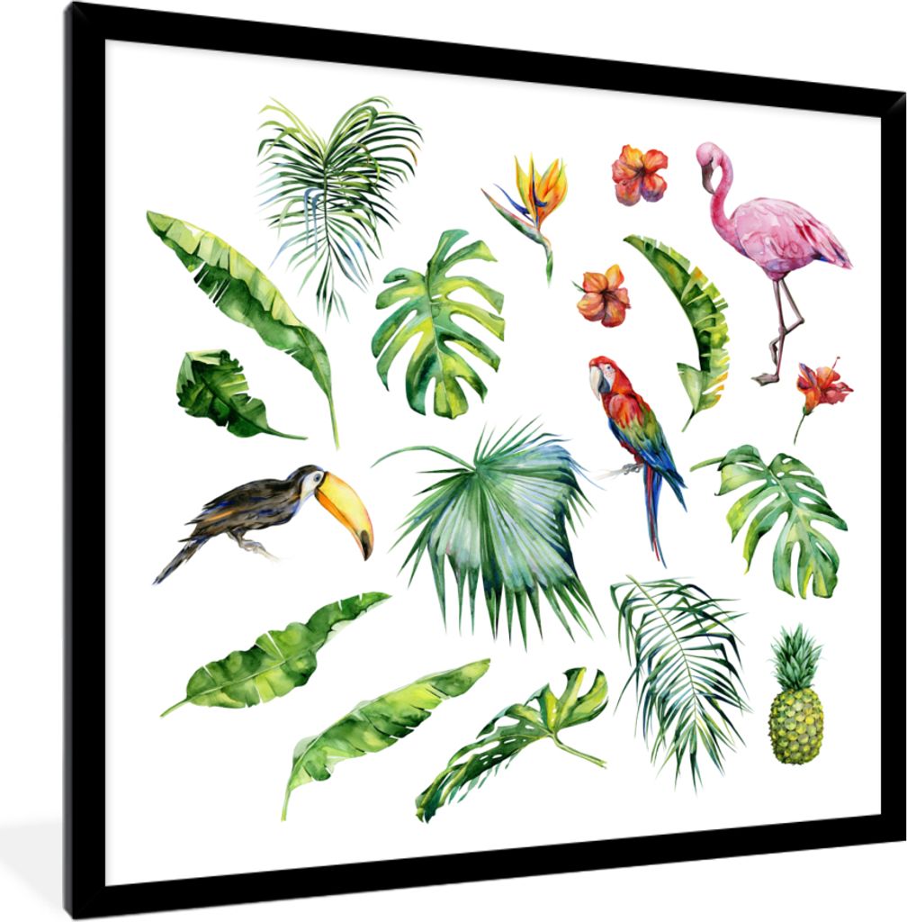 MuchoWow MuchoWow Gerahmtes Poster Dschungel - Muster - Tiere - Blätter - Jungen - Mädchen - Kinder 40x40 cm - Poster mit zchwarzem Bilderrah...