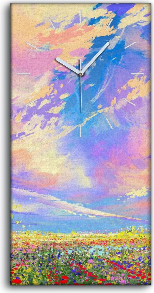 Wandbild Leinwand Bilder Wanduhr 30x60 Bild Wiese Himmel bunte Blume Wolken - weiße Hände
