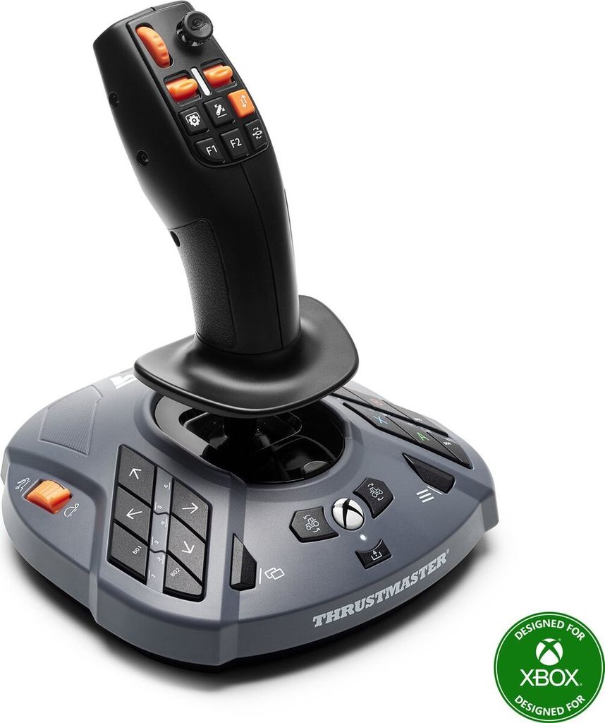 A ThrustMaster SimTask FarmStick X joystick for Xbox and PC, shown from a slightly elevated angle on a white background.