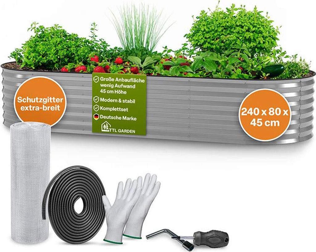 TTL GARDEN Hochbeet SPIRIT L 240x80x45cm Silber – Metall oval verzinkt stabil & wetterfest