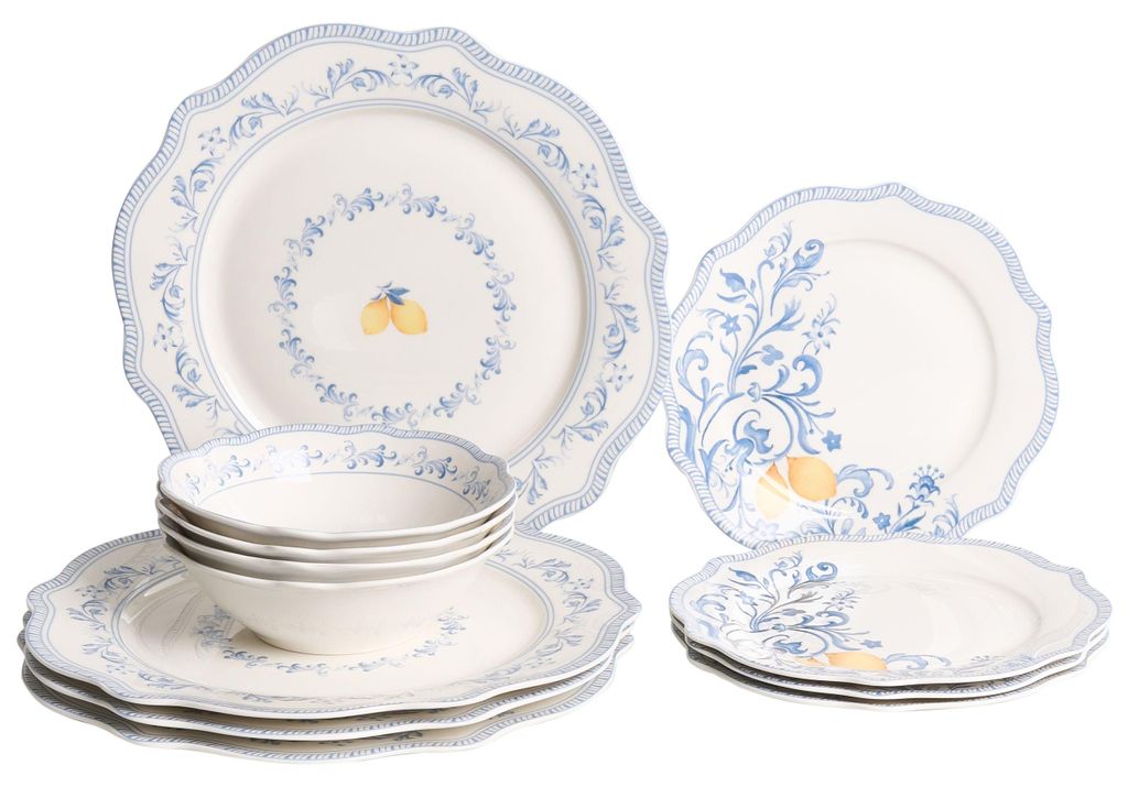 BELIANI Tafelservice 12-teilig Weiß / Blau Porzellan Handgefertigt für 4 Personen Vintage Stil Mediterranes Muster Teller Schüsseln Geschirrset ...