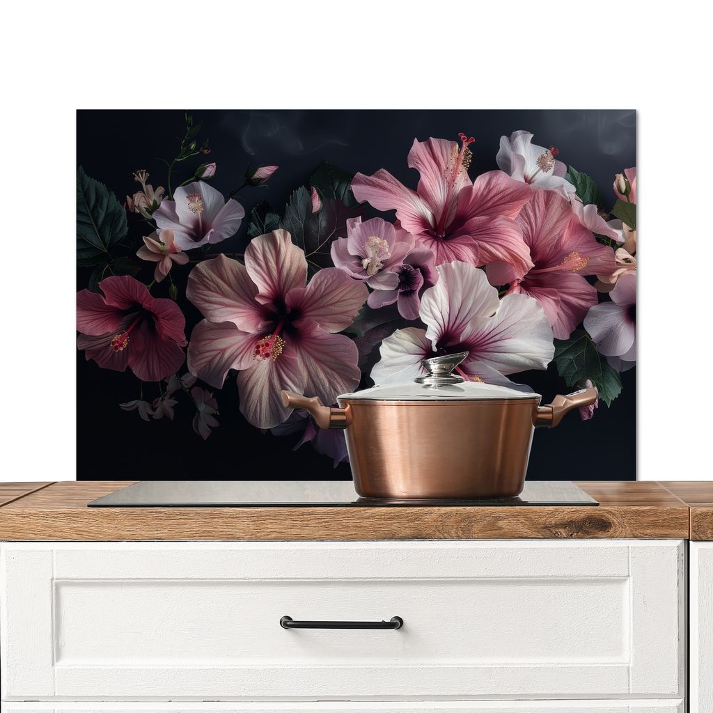 KitchenYeah Spritzschutz Küche - Küchenrückwand - Wandschutz für Herd und Spüle - Blumen - Hibiskus - Rosa - Modern 90x60 - Alu-Dibond (Alte...