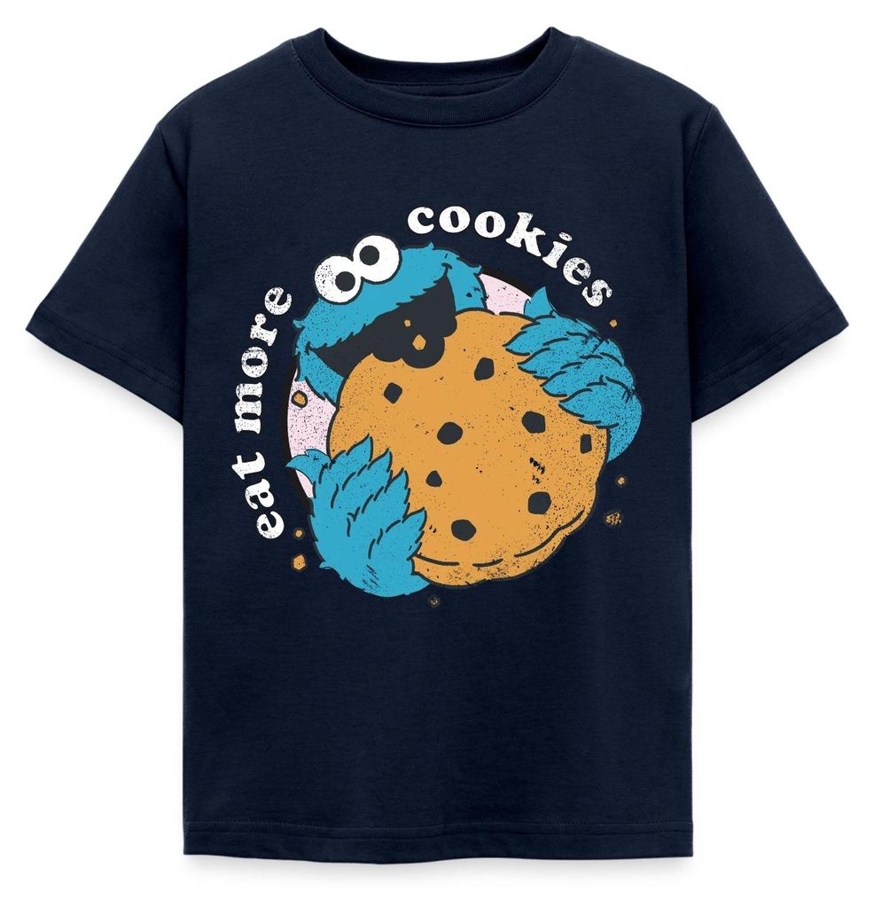 Spreadshirt Sesamstraße Krümelmonster Eat More Cookies Kinder T-Shirt, 122/128 (7-8 Jahre), Navy