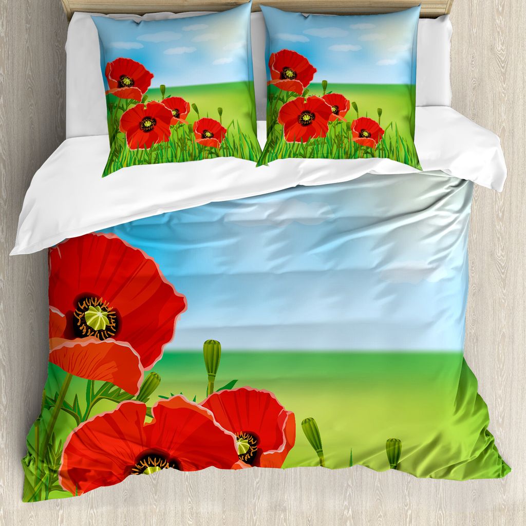 ABAKUHAUS Mohn Bettbezug, Sunny Day rote Blüten, Milbensicher Allergiker geeignet mit Kissenbezügen, 155 cm x 220 cm - 80 x 80 cm, Red Pale Blau ...