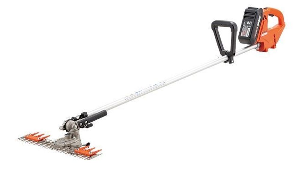 A battery-powered hedge trimmer on a white background.