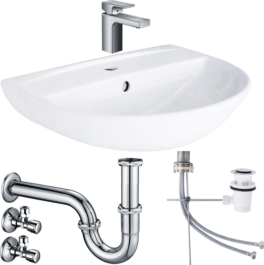 Waschbecken Komplettset Tulpe 60 cm mit Hansgrohe Armatur Ablaufgarnitur und Siphon Schell Eckventil