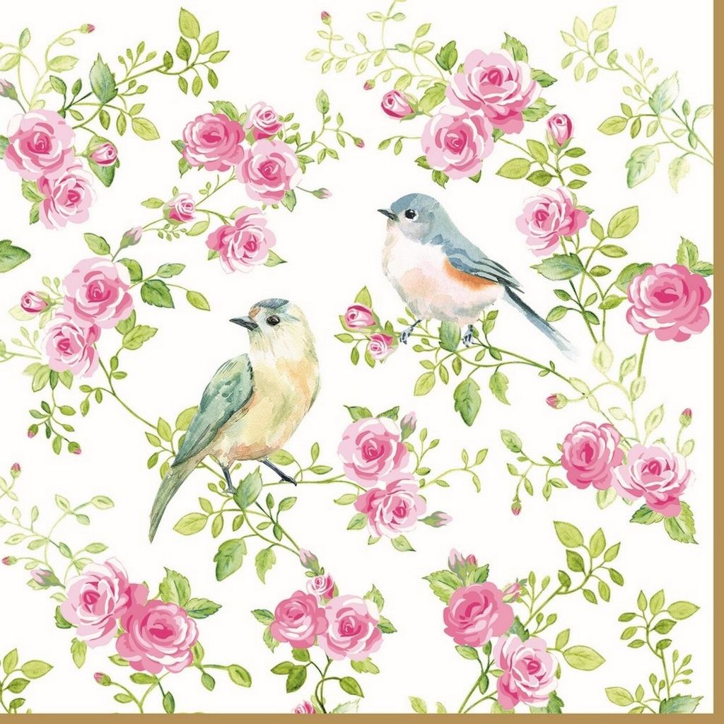 20 Servietten Spring Time - Vögel inmitten von Rosen 33x33cm