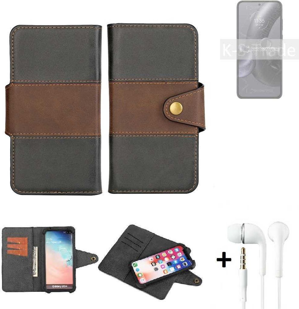 K-S-Trade Handyhülle Schutzhülle Bookstyle Wallet-Case kompatibel mit Motorola Edge 30 Neo + earphones Bumper rundumschutz schwarz-braun 1x