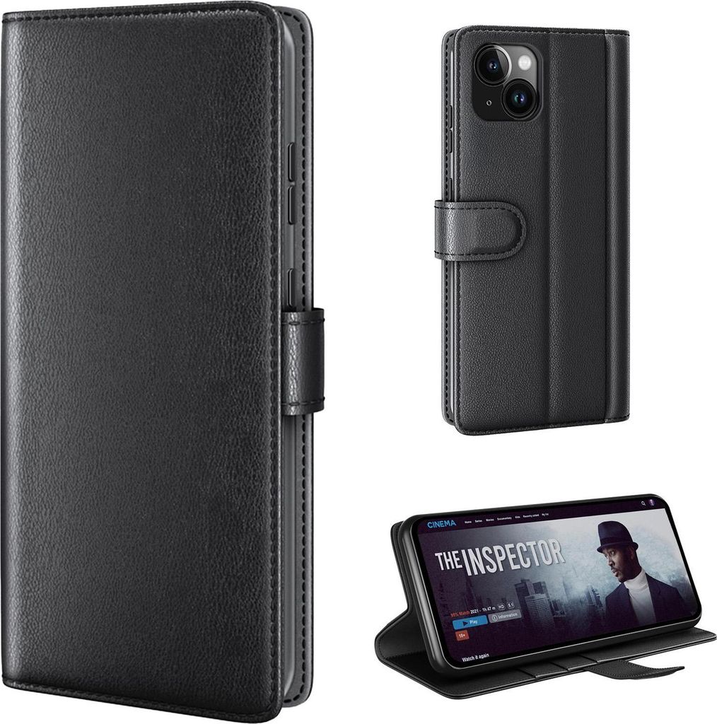 Echtleder Handyhülle für Apple iPhone 15 Lederhülle Cover Case Tasche Klapphülle Fliphülle Leder Hülle Farbe: Schwarz