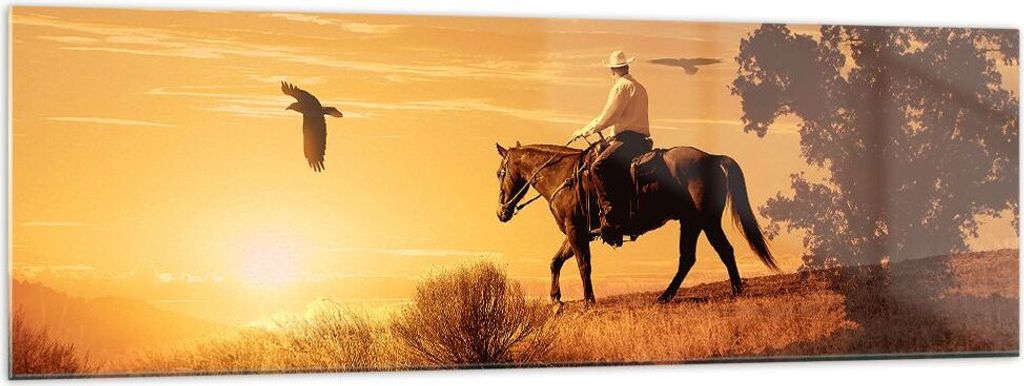 Bilder auf glas - Pferd Cowboy Bauernhof Reiten - 160x50cm - Glasbilder - Wandbilder - Kunstdruck - zum Aufhängen bereit - Wanddekoration aus Glas...