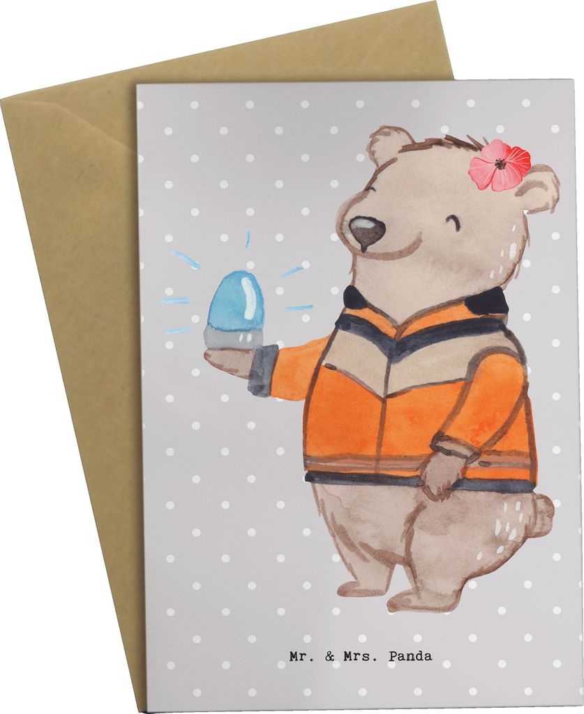 Mr. & Mrs. Panda Grußkarte Rettungswagenfahrerin Herz - Grau Pastell - Geschenk, osterkarten, hochzeitskarten, weihnachtskarten, Grußkarten, einl...