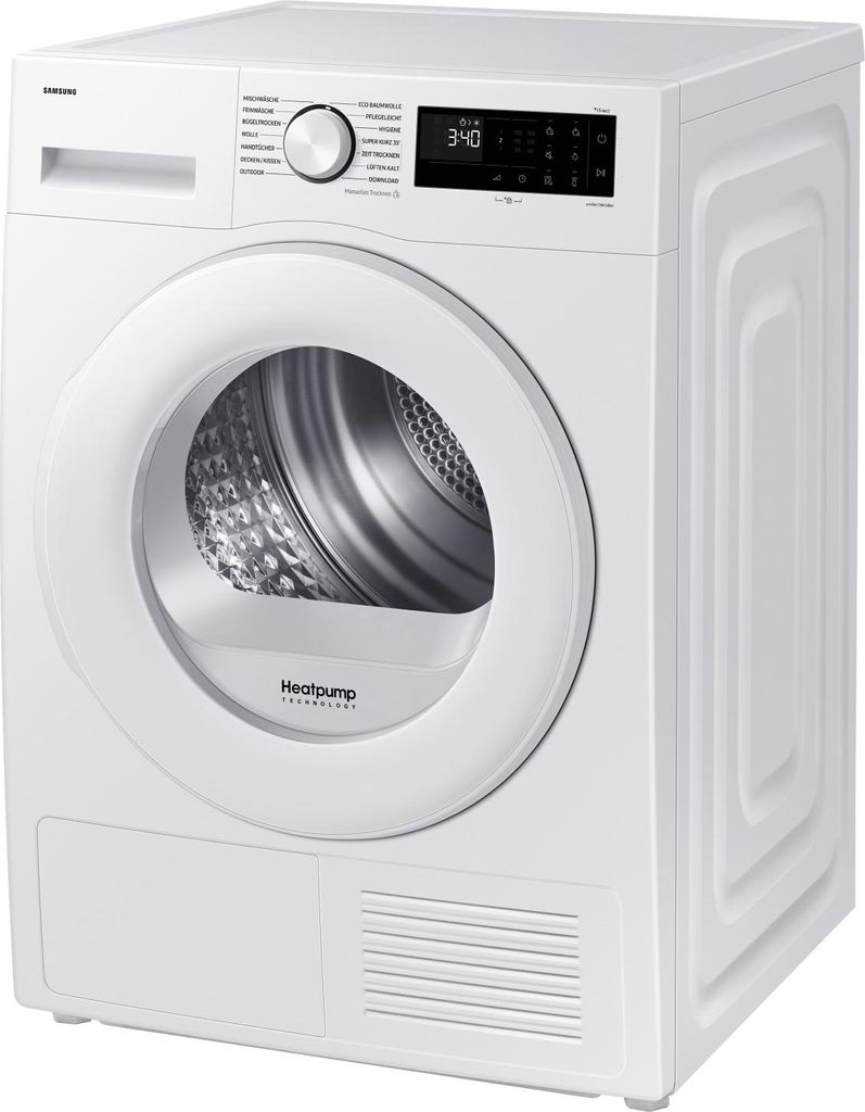 A white Samsung heat pump dryer is shown from a three-quarter front angle against a white background.