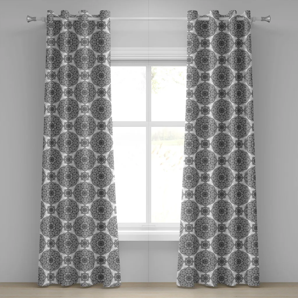 Rideau Mandala noir avec motifs Arabesque symétriques 2 panneaux 280cm