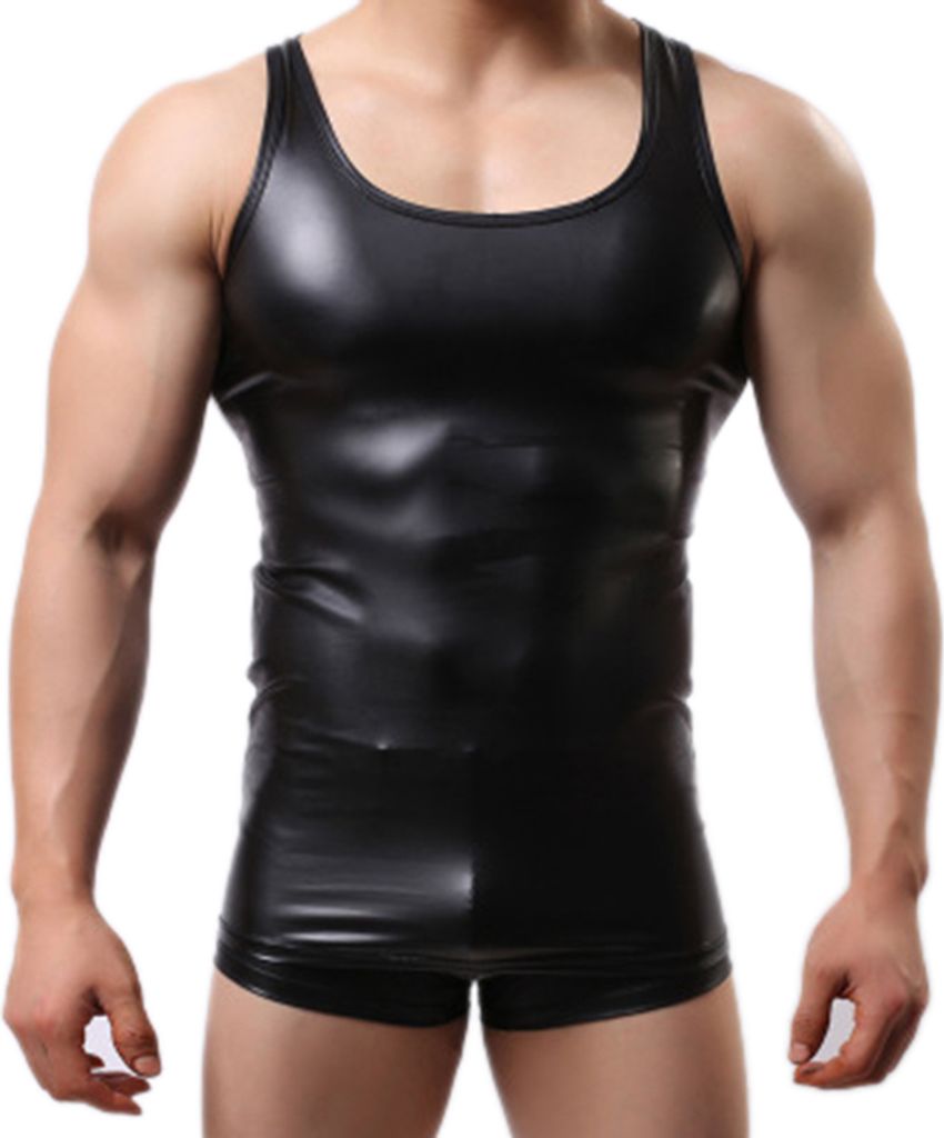 Männer y Solid Color ärmelloses, tief geschnittenes Kunstleder Slim Vest Gym Tank Top-Schwarz (Asiatische Größe:L)