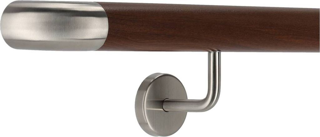 TIBU Handlauf Aluminium Nussbaum Holz Nachbildung 30-600cm Wandhandlauf Treppe gewinkelte Edelstahlhalter, Länge 230 cm mit 3 Halter und Bogen zur...