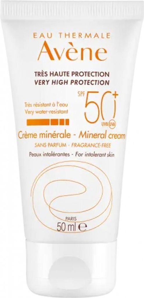 A white tube of Avène mineral cream sunscreen with SPF 50+.