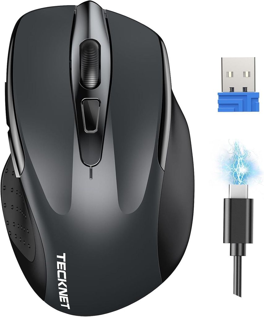 TECKNET Silent Kabellose Maus, Wiederaufladbar Funkmaus 4800 DPI, 2,4 GHz Optische Computer Maus für Laptop, PC, Mac, 6 Tasten