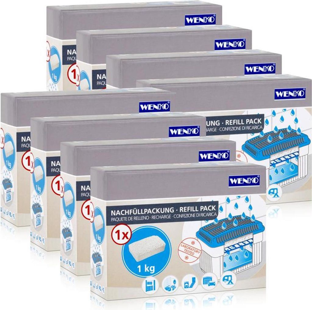 A stack of Wenko moisture absorber refill packs.