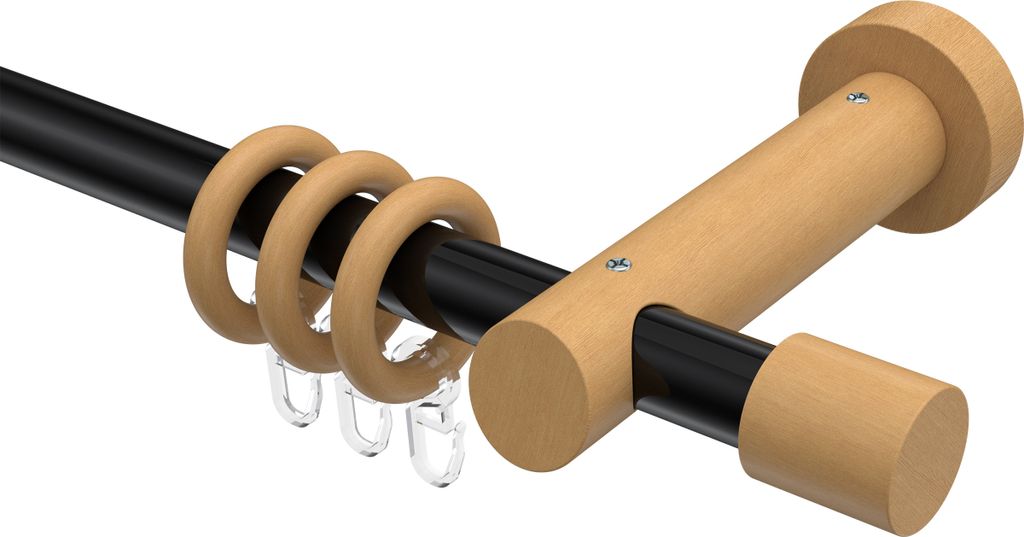Interdeco Gardinenstange / Vorhangstange Schwarz / Buche lackiert, Typ Talena Feta (Kappe), 20 mm Ø 1-läufig, 200 cm