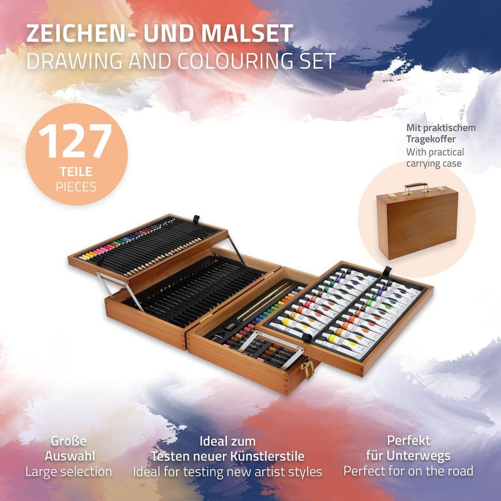 ECD Germany Malset mit Holzkoffer, 127-Teilig, 37,5x25x9,5 Produktbild 2
