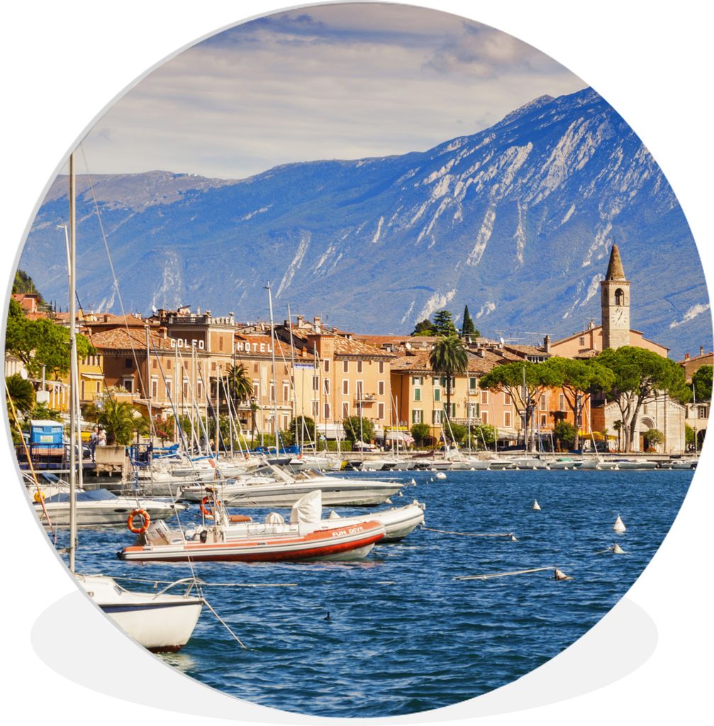MuchoWow Rundes Wandbild - Runde Bilder Gardasee - Boote - Berge Ø 90 cm Kreis Wanddekoration Kunststoff - Wandkreis - Wandschmuck - Wand-Kreis ...